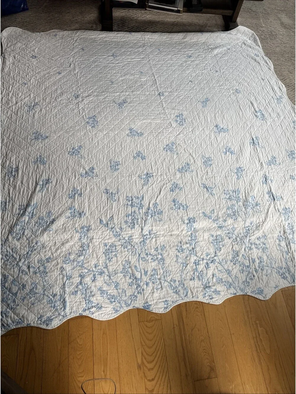 Vtg Romantic Patchwork Blue Floral Ruffle Quilted Coverlet Cottagecore